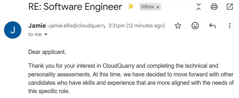 Application Rejection Email