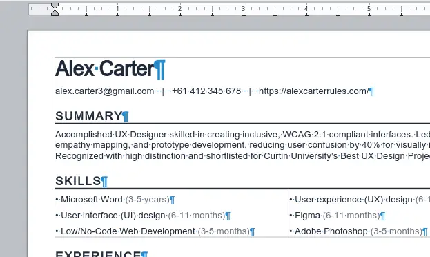 Screenshot of generated resume showing paragraph and spacing markers