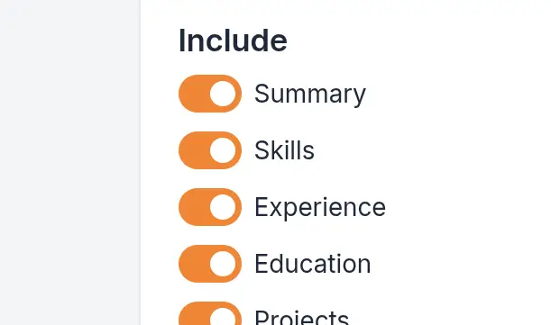 Screenshot of resume generator section customization