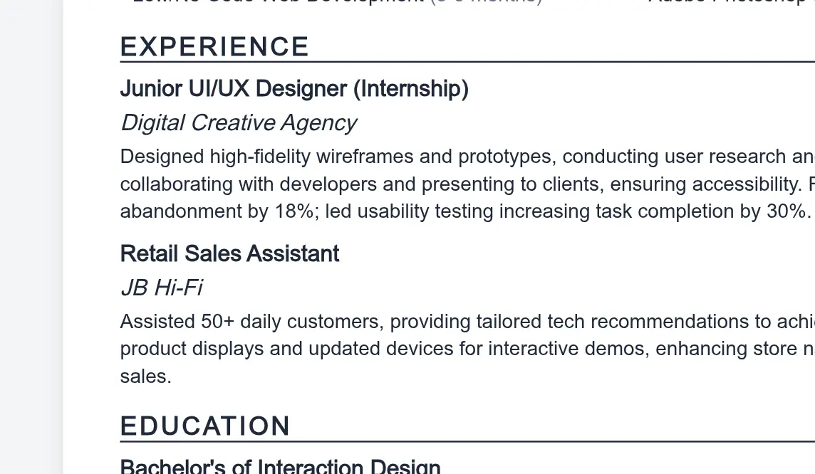 Screenshot of resume experiences section with AI-written text